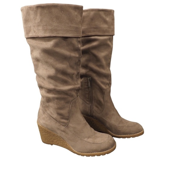 Bass sz 8.5 Eden tall stone micro suede wedge heel boots - Picture 2 of 16